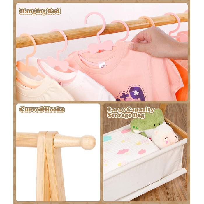 Relquorax Bamboo Children's Clothes Rack with Storage Bag and Clothes Rail, Dress-Up Stand, Small Wardrobe Rack, for Costumes in Children's Rooms (Natural Color)
