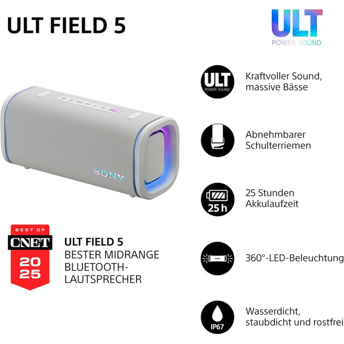 Sony ULT Field 5 – Портативна Bluetooth колонка з ULT Power Sound, IP67 (водонепроникна, пилозахищена, ударостійка), 12 год роботи, білий