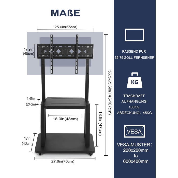 Підставка для телевізора на колесах, мобільний телевізійний візок для 32-75 дюймів LED/LCD/OLED, регульована по висоті, чорна, з полицями для ноутбука та DVD