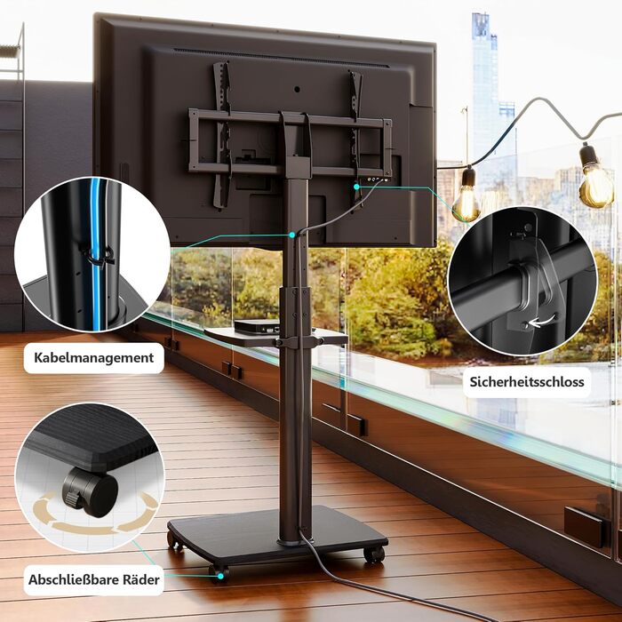 FITUEYES Rolling TV Stand with Wood Shelf - Adjustable Height & Swivel - Fits 32-70 inch TVs up to 40kg, VESA 400x600 - White/Black