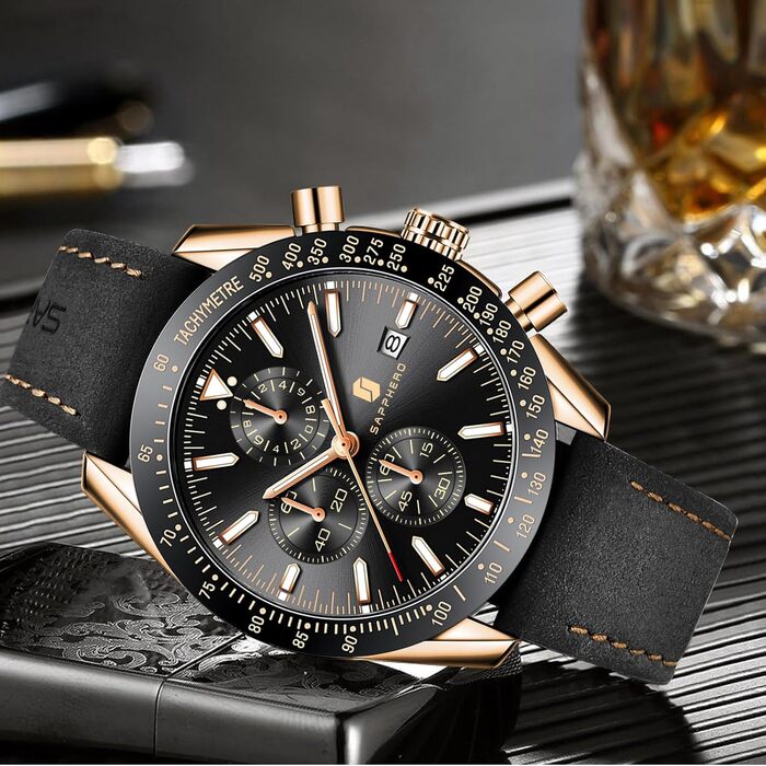 Годинник чоловічий BENYAR Chronograph з аналоговим кварцовим механізмом, шкіряний ремінець, стильний дизайн для бізнесу та спорту, водонепроникність 30M, елегантний подарунок для чоловіків (чорний ремінець/рожево-золотий корпус/чорний циферблат)
