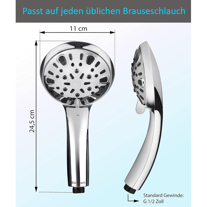 BLUMBACH® Shower Head - Water-Saving - High-Pressure Aqua Joy Shower Head - 8 Spray Patterns, Pressure-Boosting Shower Head, Shower Head, Water-Saving Shower Head, High Water Pressure Strong Jet