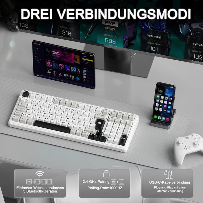 Ігрова механічна клавіатура AULA F99 бездротова, QWERTZ, BT5.0/2.4G/USB-C, Gasket Structure, Hot Swap, RGB, PBT клавіші, 8000mAh, Creamy Sound, 95% механічна (білий сірий)