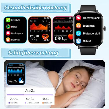 Смарт-годинник KALINCO для дітей та чоловіків, 1.69” з моніторингом серцевого ритму, сну, крокоміра та сповіщеннями про дзвінки/повідомлення. Чорний