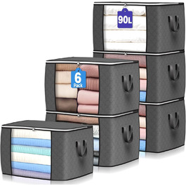 6 містких мішків для зберігання Budding Joy 90л з кришкою сірого кольору. Органайзери для одягу, постільної білизни, ковдр. Ідеально для переїзду та зберігання.