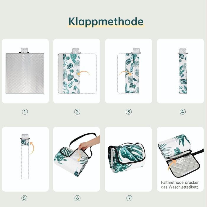 Плед для пікніка HAUSPROFI 200x300 см, водонепроникний, ізольований, XXL. Для пікніка, пляжу, кемпінгу. Бавовняна підкладка, ручка для перенесення, кілочки. Зручний, миючий, тримає форму. Зелений рослинний принт.