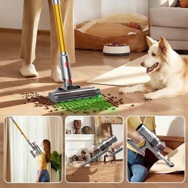 Акумуляторний пилосос Hearten 4-в-1 з LED дисплеєм та антизаплутувальною щіткою, керування одним дотиком, бездротовий пилосос з LED-підсвічуванням для шерсті тварин/килимів/твердих поверхонь (жовтий)