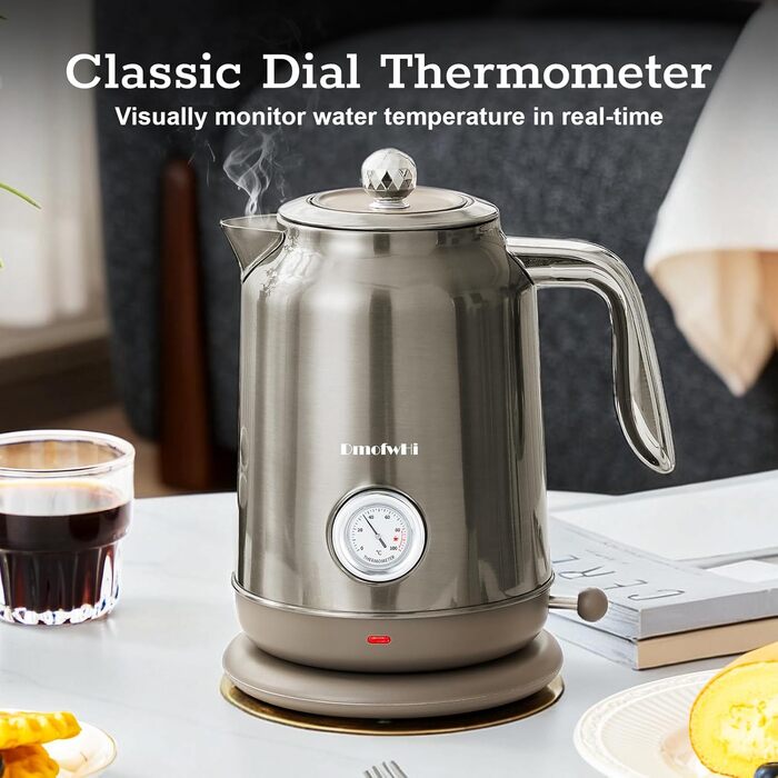 Електричний чайник з нержавіючої сталі з термоіндикатором, 1.7 л, Vintage, з автовимкненням та захистом від сухого кипіння – ідеальний для чаю та кави в сім'ї (Chrome)