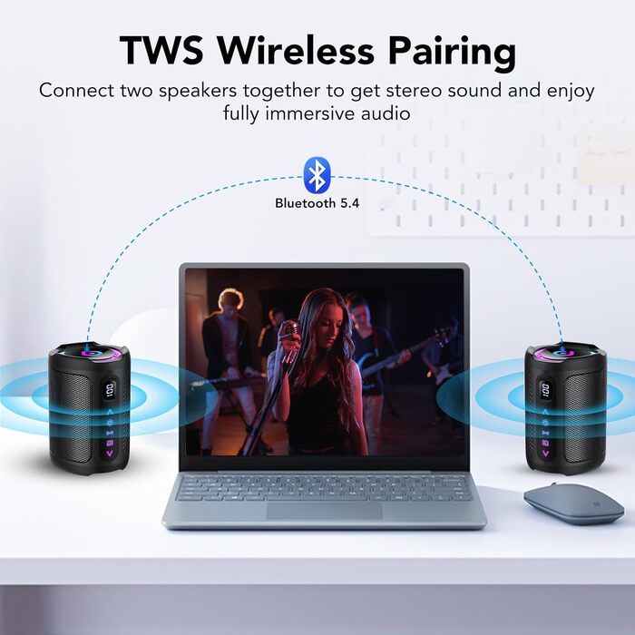 Bluetooth колонка з підсвіткою 2026 Musikbox: Портативна колонка Bluetooth 5.4, 15 Вт, Покращений бас, IPX7 водонепроникна, для подорожей, спорту, вечірок, велосипедів, Чорний