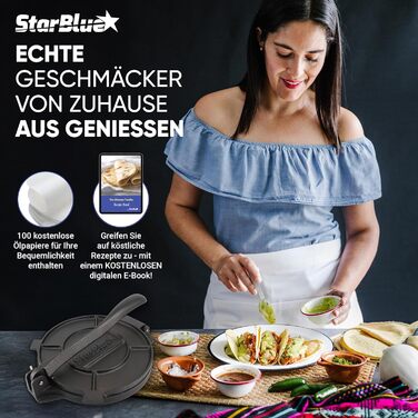 Пресс для тортилій StarBlue з чавуну 10 дюймів (25 см) з 100 шт. паперу для випікання та електронною книгою з рецептами - для приготування чіпаті, тортильї, роті