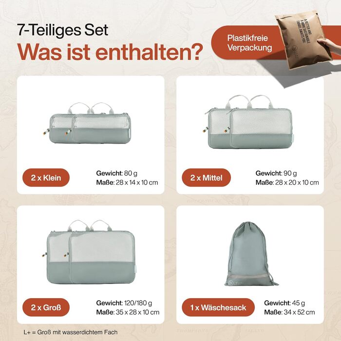 Набір кубиків для пакування TRAVEL DUDE з компресією з перероблених пластикових пляшок, легкі органайзери для рюкзака та валізи, 7 шт, сталево-синій колір