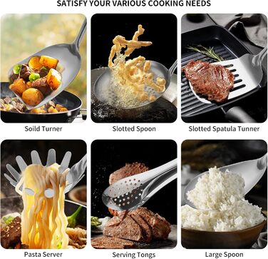 Набір кухонних аксесуарів з нержавіючої сталі 304, 12 предметів. Комплект кухонного начиння з лопаткою, половником, ложками, шумівкою, лопаткою для перевертання, щипцями (сріблястий, придатний для миття в посудомийній машині)