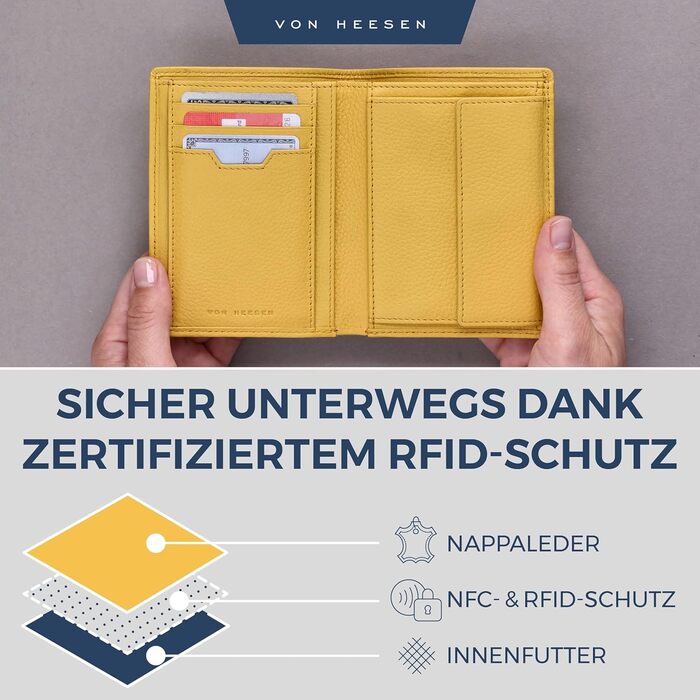 VON HEESEN Leather Wallet RFID Protection | Genuine Leather Wallet for Women & Men | Portemonnaie, Brieftasche, Wallet, Portmonee (Yellow)
