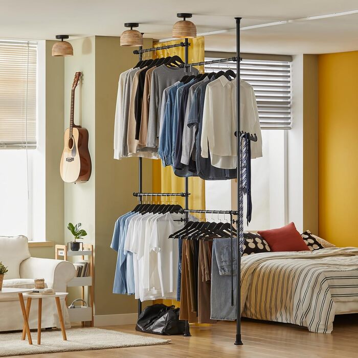 SoBuy KLS03-SCH Clothes Rack Coat Stand with 4 Clothes Rails Telescopic Wardrobe System Adjustable Shelf System black Bra approx. 124-226x200-285cm