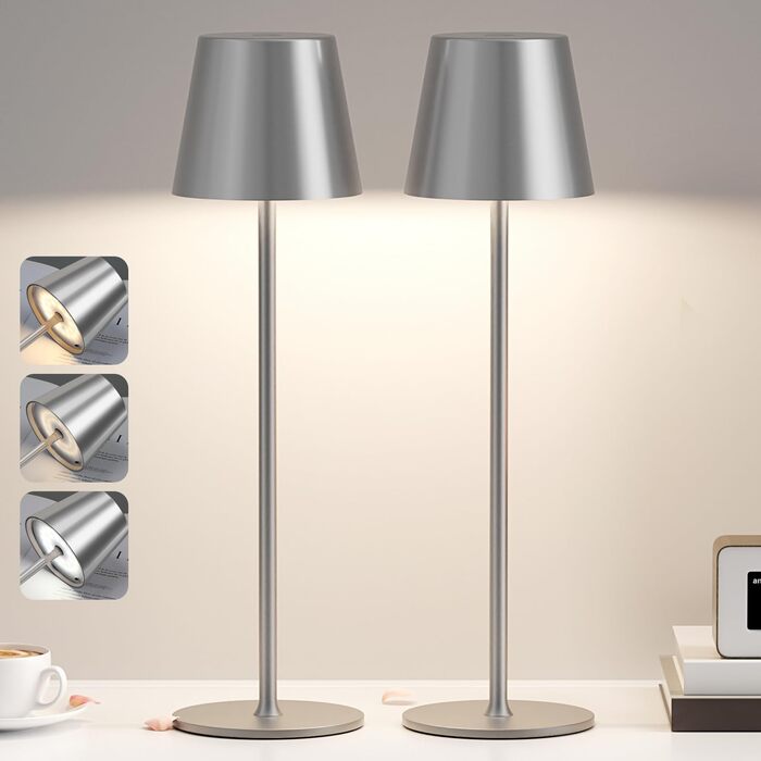 Набір з 2 бездротових настільних ламп LED з акумулятором, сенсорне регулювання яскравості, 3 режими кольору, USB-C зарядка для спальні, столу, кемпінгу (Чорний)