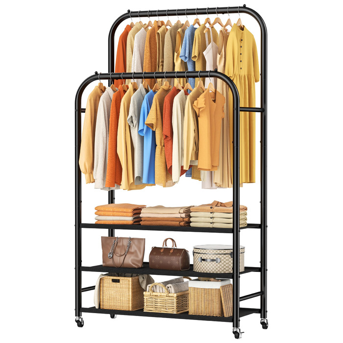 Вішалка для одягу HOMIDEC з 3 полицями, подвійна штанга на колесах, металевий каркас, чорна. Макс. навантаження 80 кг