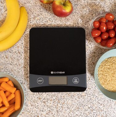 Кухонні ваги Silvergear® Digital з підключенням до App до 5 кг | Електронні кухонні ваги з функцією тарування | Цифрові ваги з підрахунком калорій | Точне вимірювання до 0,1 г | Підсвічений LCD-дисплей | Чорний
