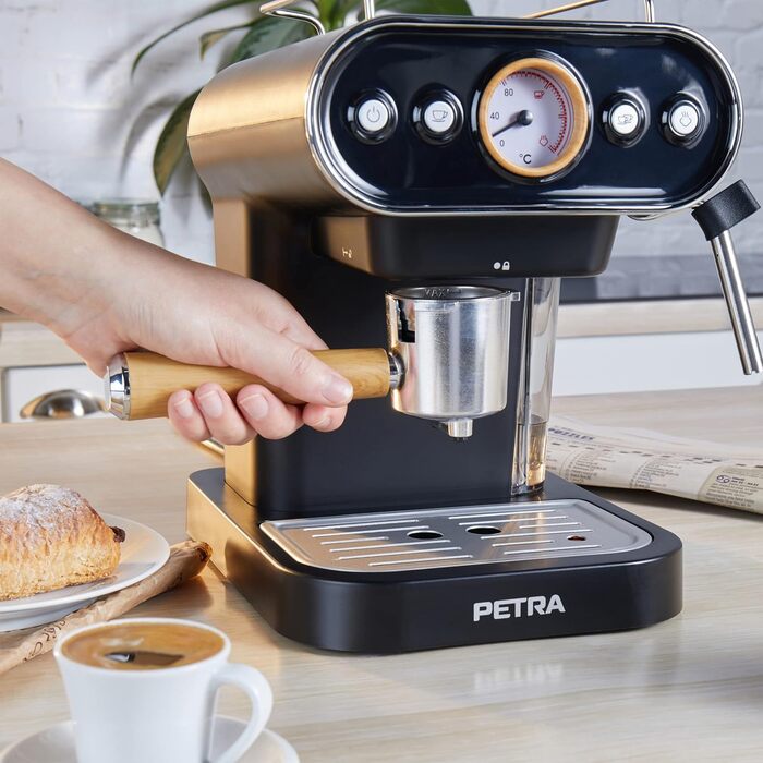 Petra Coffee Machine Barista Pro 1.5L, Semi-Automatic Espresso Machine with Milk Frother, Small Coffee Machine for Espresso & Cappuccino, Coffee Maker 15 Bar, 850W (3-in-1 Barista Coffee Machine)