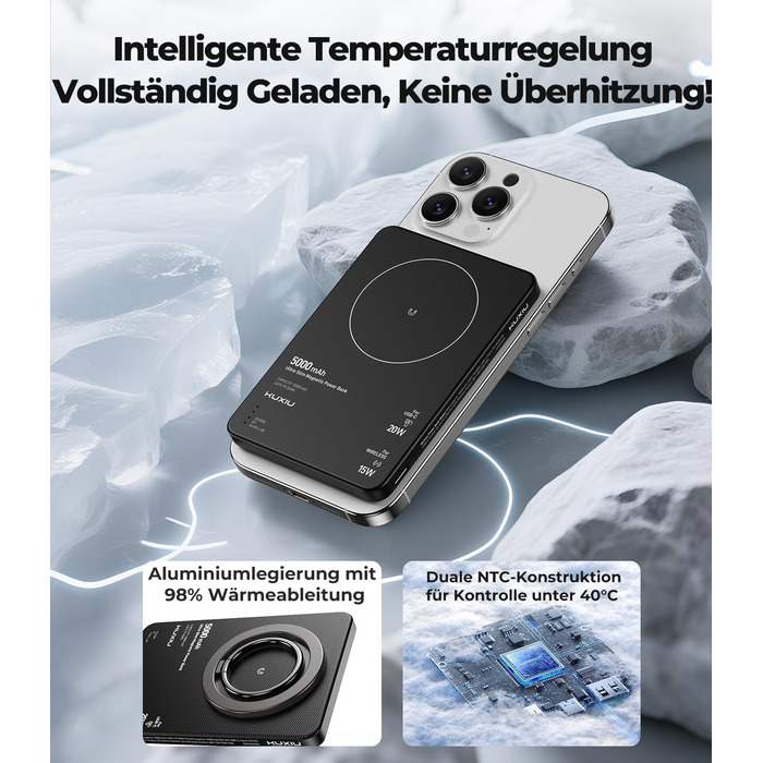 Power Bank KU XIU Magsafe 5000mAh: Тонкий, з підтримкою MagSafe, PD 20W, з кільцем-тримачем, чорний