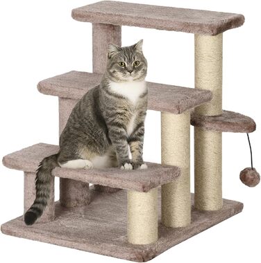 PawHut 3-Step Pet Staircase with Scratching Posts, Ball, Dog Staircase, Pet Staircase for Cats up to 5 kg, Plush Jute, White 45 x 40 x 48 cm (45L x 40W x 48H cm, Brown)