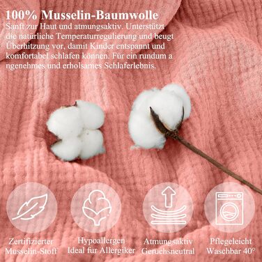 Набір постільної білизни для ліжечка Hook з мусліну 100% бавовни (100x135 см) – дихаючий та м'який, ручної роботи | Комплект постільної білизни для малюків з наволочкою 40x60 см (Рожевий, 135 x 100 см)