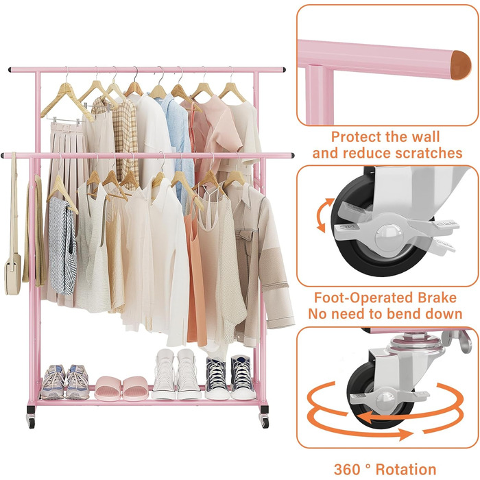 Clothes Rack with Double Rod, Rolling Clothes Rack, Portable Clothes Rack for Bedroom, Living Room, Clothing Store (Pink)