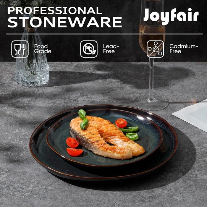 Набір посуду Joyfair Sandy (18 предметів) з кераміки для 6 осіб: тарілки, миски, реактивна глазур, чорно-зелений колір, міцний, для мікрохвильовки та посудомийної машини