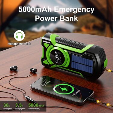 Радіо на сонячній батареї та ручному приводі Gemmac 5000mAh з Bluetooth, USB AM/FM, Power Bank, SOS-сигналом, ліхтариком – для кемпінгу та виживання (Зелений)