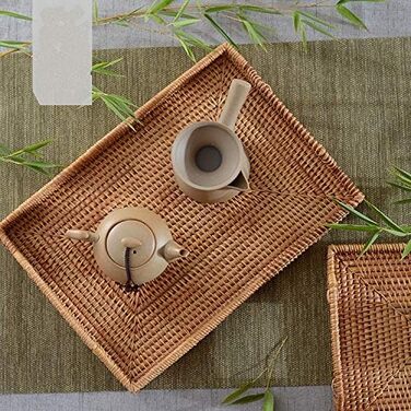 Rattan Serving Tray with Handles, Rectangular Tray from Rattan for Breakfast, Drinks, Snacks for Eating/Coffee Table (43 cm)