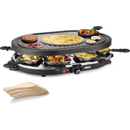 Електричний гриль Princess Raclette 8 панелей, овальний, 1200 Вт, багатофункціональна пластина з секцією для млинців, 42x30 см, чорний, нержавіюча сталь