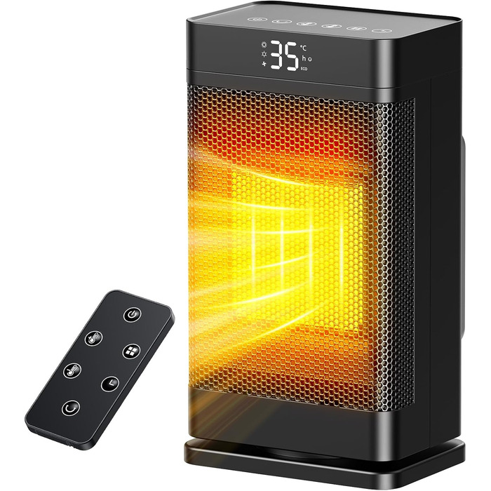 Керамічний електронагрівач 1500W з термостатом, PTC-керамічний нагрівач, ECO-режим, захист від перегріву та перекидання, 75° коливання, 2-в-1 енергозберігаючий нагрівач для дому, чорний