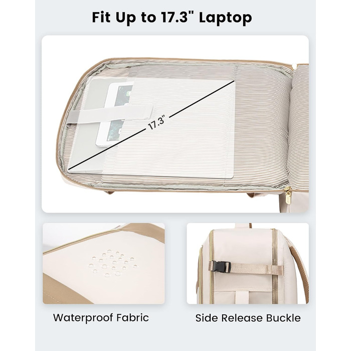 Рюкзак LOVEVOOK для ручної поклажі в літак, 40L, водонепроникний, для жінок, з відділенням для взуття та ноутбука 17.3 дюймів, бежевий + хакі