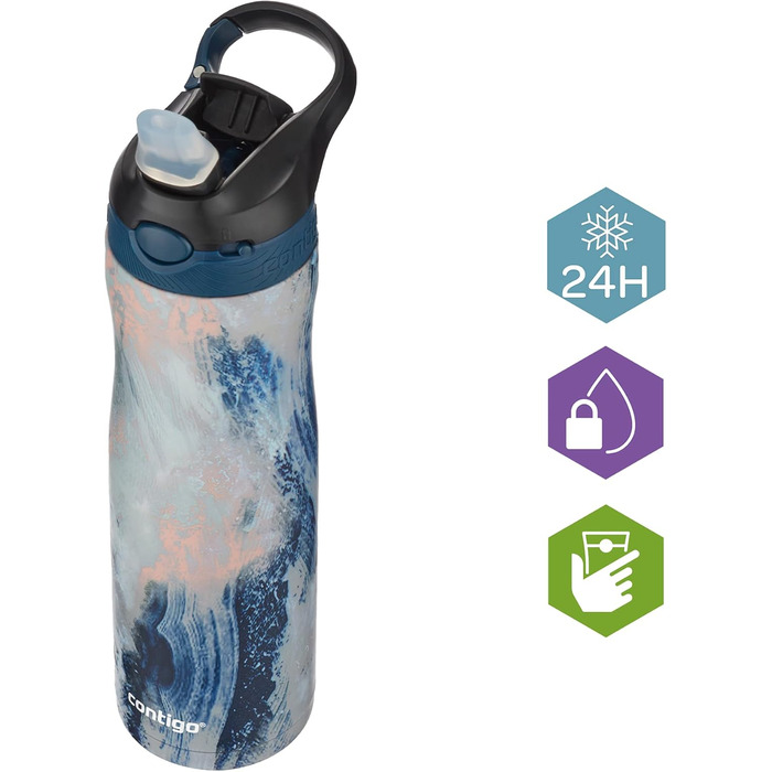 Contigo Ashland Chill Autospout Water Bottle with Straw, Stainless Steel Water Bottle, Leak-Proof, Insulated Bottle for Sports, Cycling, Hiking, 590 ml, (Cloudburst)