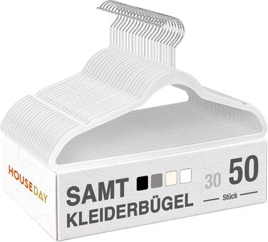 Набір вешалок для одягу HOUSE DAY, 50 шт., велюрова поверхня, нековзкі, обертовий гачок 360°, для сорочок, костюмів, пальто, светрів, штанів, білий