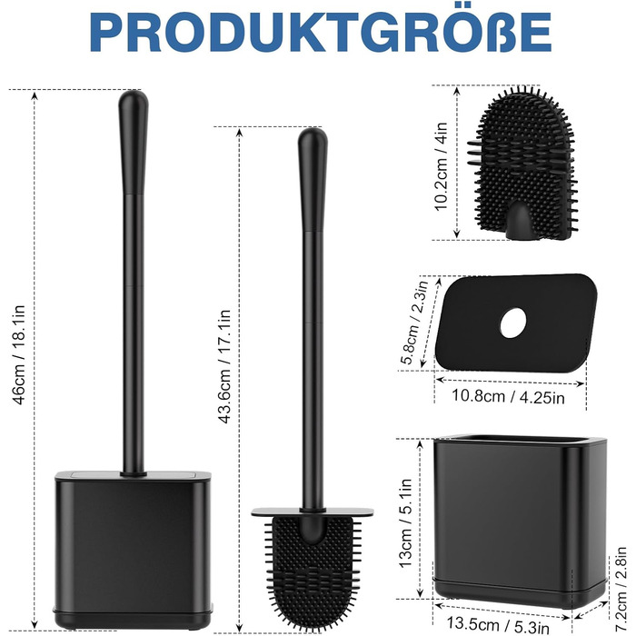 Набір для чищення унітазу FUNPALA з нержавіючої сталі та силікону, 2 насадки, тримач, чорний