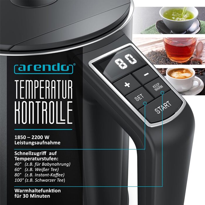 Arendo - Stainless Steel Kettle with Temperature Setting 40-100 Degrees in 5-Degree Increments - Double-Walled Design - Model ELEGANT - 1.5 Liter - 2200 W - Tea Kettle with Temperature Display - GS - Black (G: Pearl Grey)