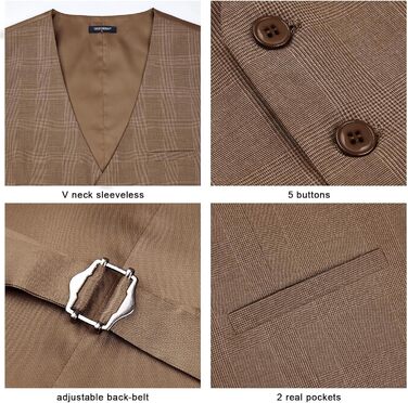 HISDERN Жилет чоловічий в клітинку, класичний, бавовна, для весілля, в стилі 'Hahnentritt', під костюм (S, Коричневий / Хакі)