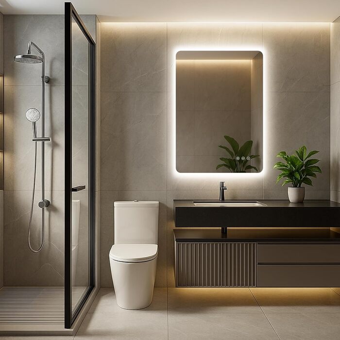 Дзеркало для ванної кімнати з підсвічуванням 50 x 70 см, LED дзеркало з протизапарюючим покриттям, 3 кольори світла, регулювання яскравості, прямокутна форма, сенсорне управління, функція пам'яті, горизонтальне/вертикальне кріплення, без рамки