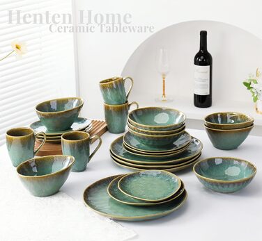 Керамічні тарілки та соусники Henten Home, набір для сніданку на 4 особи, 20x17 см, сучасний зелений дизайн