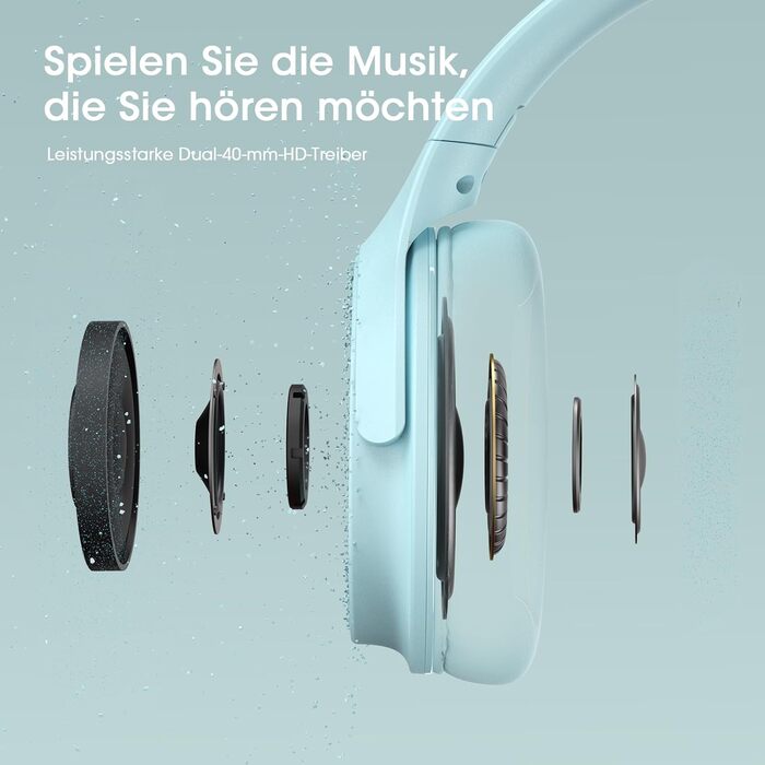 Бездротові навушники DOQAUS Bluetooth з тривалим часом роботи (70 годин), Over-Ear, Bluetooth 5.4, з кабелем, 3 режими EQ, HiFi стерео для подорожей/телефону/ПК (блакитні)
