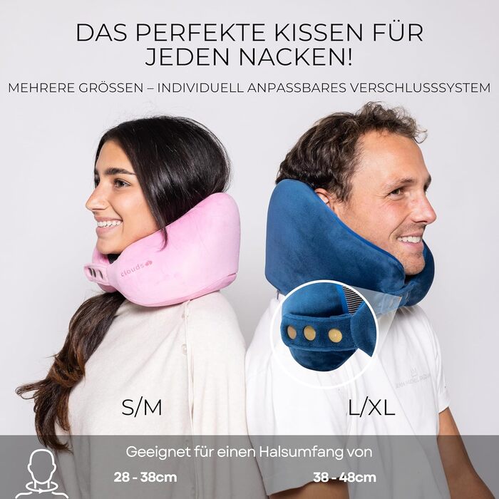 Подушка для шиї CLOUDS – регульована, з піною з пам'яті, для подорожей (літак, авто) – 2 розміри, дихаючий чохол, 5 кольорів (блакитний, L/XL)