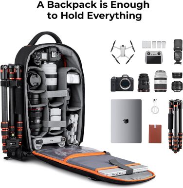 Рюкзак для фотографа K&F Concept, водонепроникний, для DSLR/SLR, об'єктивів та аксесуарів, чорний+оранжевий, 18L