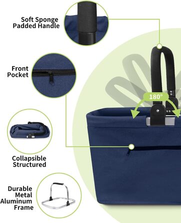 Складаний кошик для покупок 35L з 2 стійками, сімейний, з алюмінієвою ручкою, водовідштовхуючий, для пікніків, подорожей, кемпінгу, подарунок (Синій, 35L (48x28x26cm))