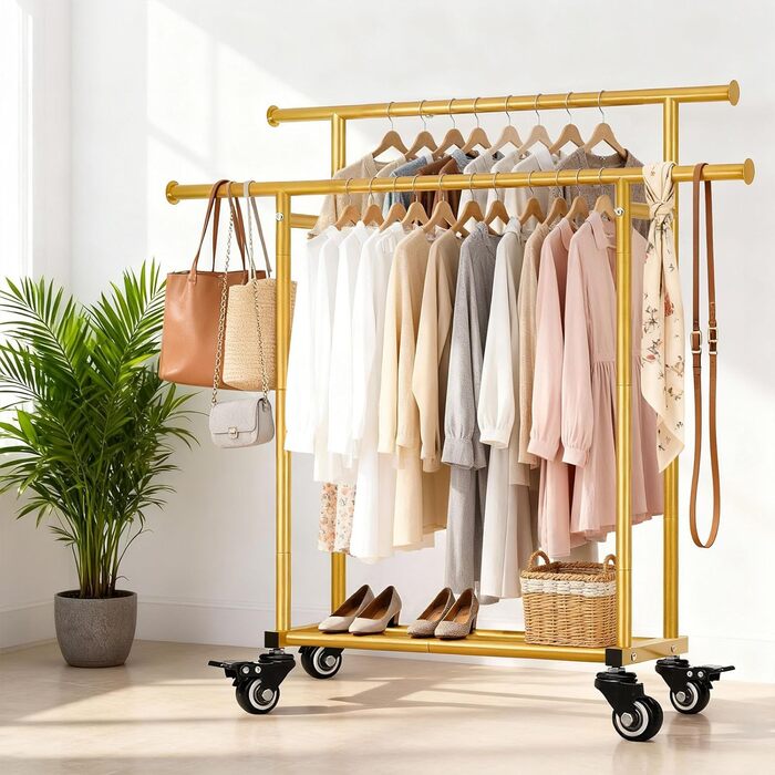 Стійка для одягу Sour Lemon на коліщатках, 95 кг, з подвійними перекладинами та полицею, золото (113x41x162 см)