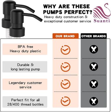Дозатор для мила Suanti, 425 мл, з помпою з нержавіючої сталі, наповнюваний, квадратний, декоративний, для мила для рук, посудомийної рідини та лосьйону, стиль мармур (чорний)