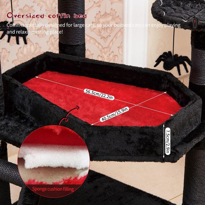 Large Gothic Scratching Post, 140 cm tall, Scratching Post for Large Cats, Stable, XXL Cat Tree with 6 Thick Scratching Pillars, Spider Hanging Ball, Sargbett Platforms, Cave, Black Cat Tower Halloween