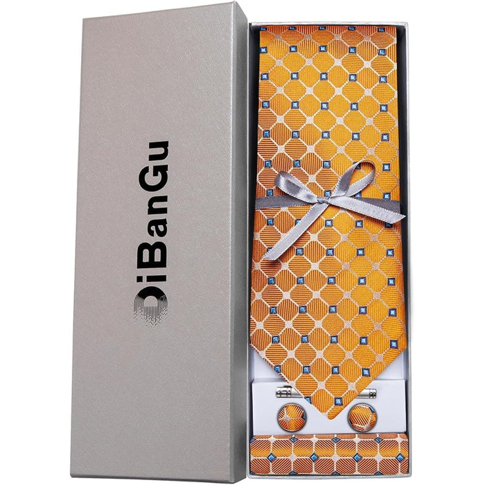 Набір краваток чоловічий DiBanGu з шовковими смугами та клітинкою, з кишеньковим хустинкою, затискачем та краватковою кліпсою для весілля та офіційних заходів (яскраво-помаранчевий)