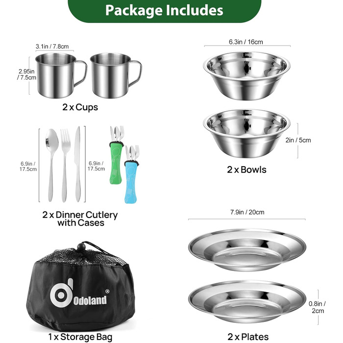 Набір посуду для кемпінгу Odoland на 2 особи: нержавіюча сталь, складний, з тарілкою та чашкою