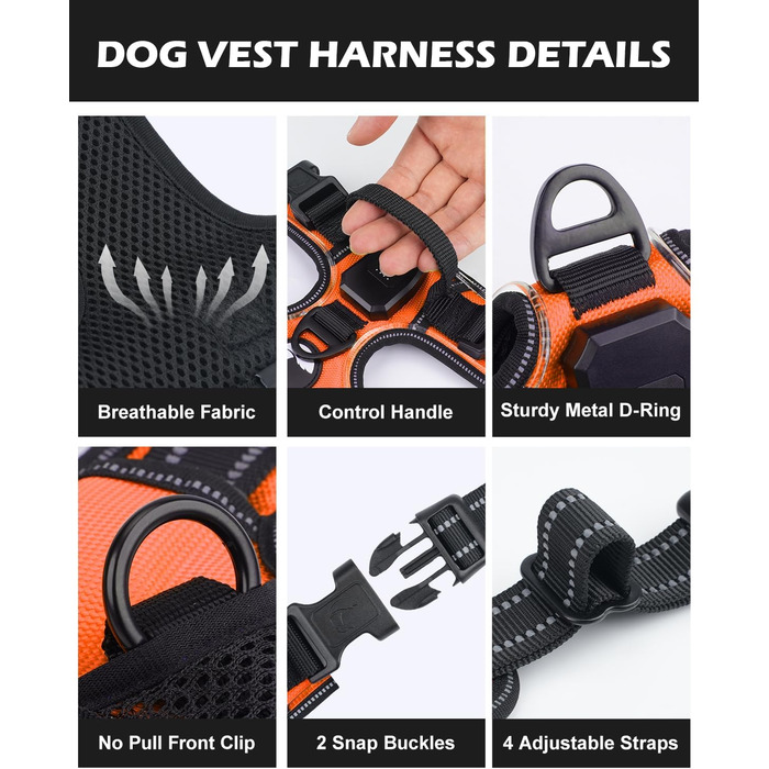 Світловідбиваючий нашийник для собак Joytale з підзарядкою, без натягування, з ручкою, для нічних прогулянок, чорно-синій, M (XL, 1 шт.), помаранчевий