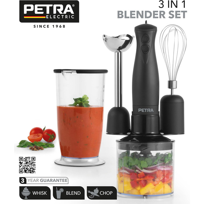 Блендер Petra PT2827BMBLKVDE 3-в-1, 350 Вт, BPA-free, чаша 500 мл, стакан 700 мл, вінчик, 2 швидкості, нержавіючі леза, для дитячого харчування, смузі, соусів